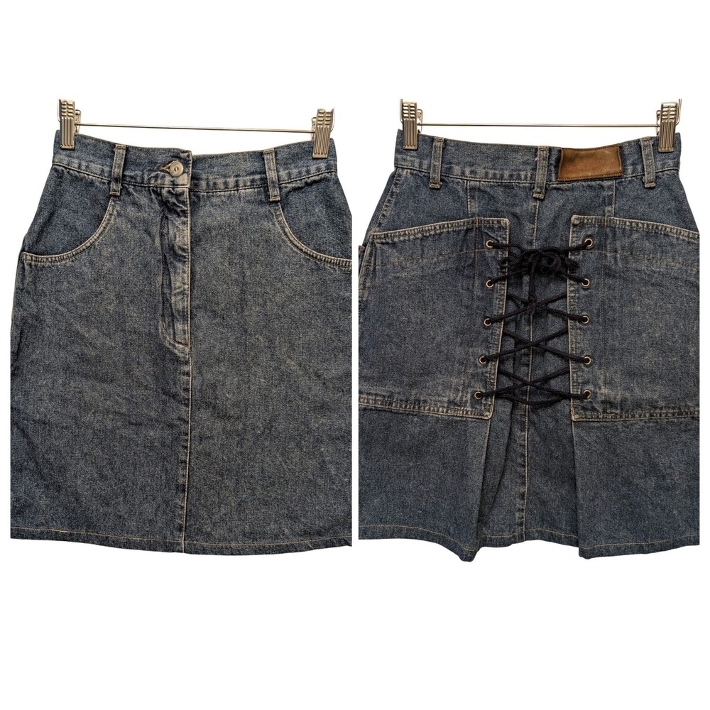 Byblos Vintage Denim Lace Up Back Mini Skirt Blue High Waist Made in Italy Indie